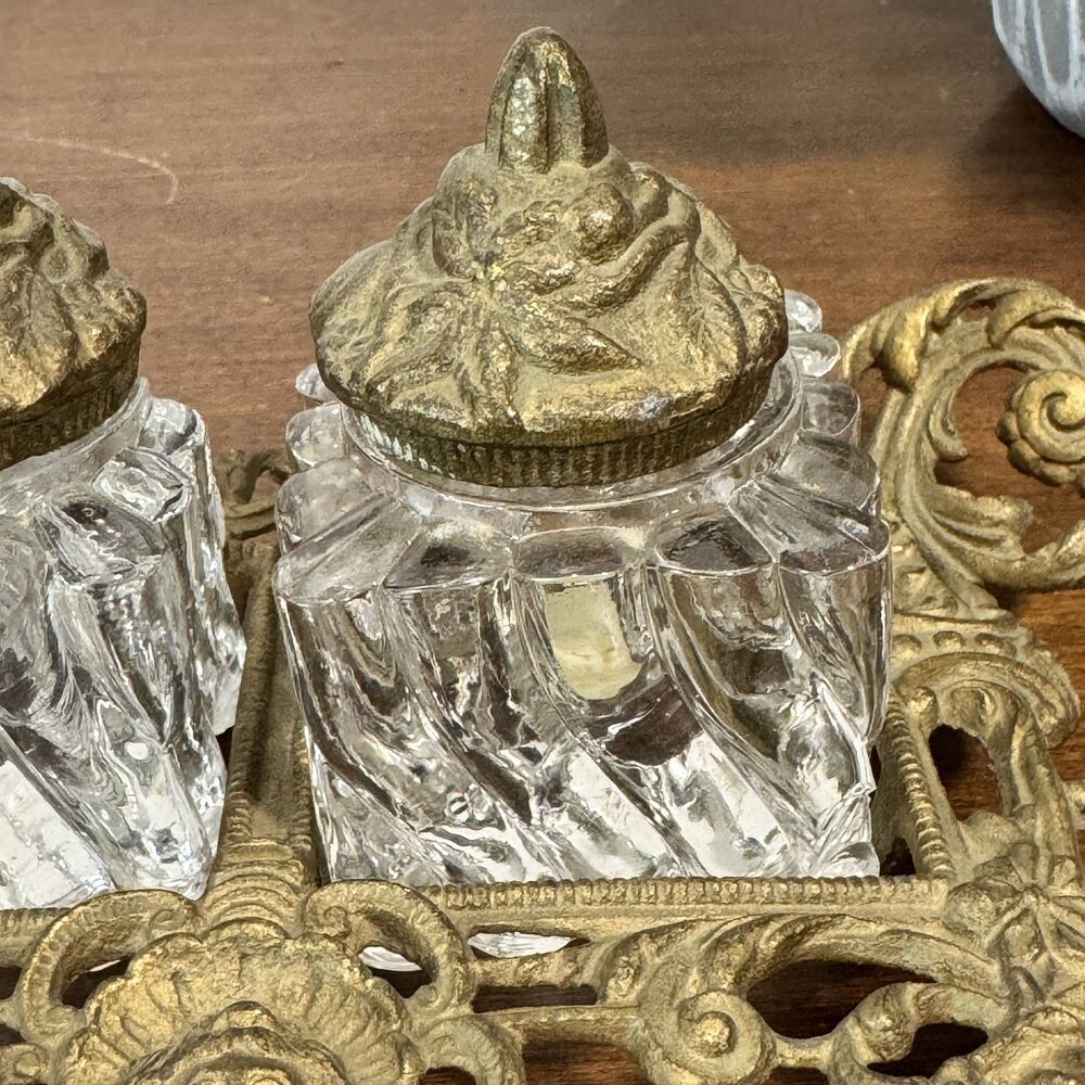 Antique Ornate Brass Double Inkwell Stand with Two Glass Ink Pots Victorian Era - Picture 5 of 11